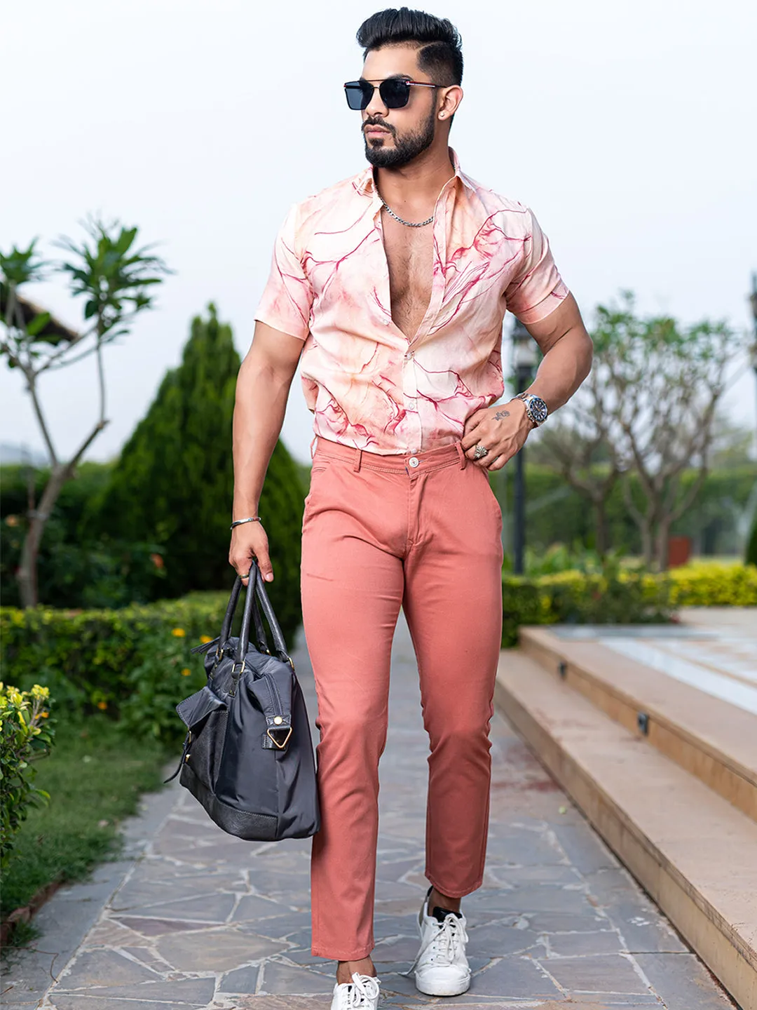 Coral Pink Fusion Fit Cotton Mens Chinos